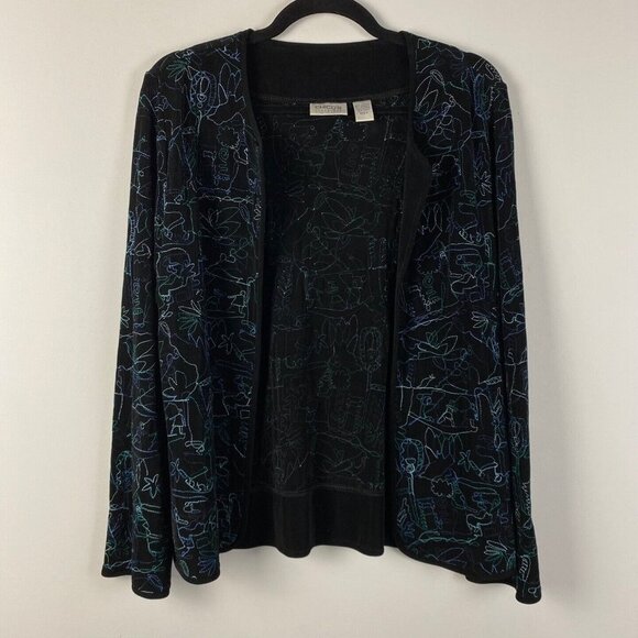 Chicos Travelers Cardigan Jacket Womens 0 US Small Embroidered Open Slinky Knit - Picture 1 of 8